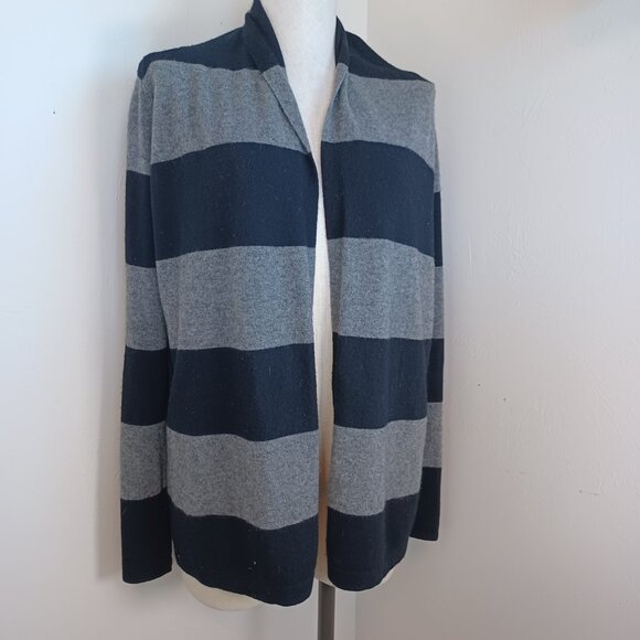 Theory Cashmere Cardigan Ashtry R Royal Black Gray Stripes Open Front Size Small - Picture 2 of 10